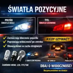 Porównanie świateł mijania i pozycyjnych: białe z przodu, czerwone z tyłu. Zwiększają widoczność i bezpieczeństwo.
