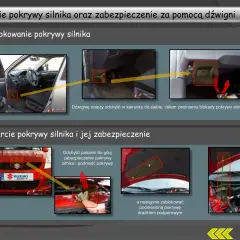 Instrukcja otwierania maski Suzuki Swift. Opis kontrolki na desce rozdzielczej nie jest widoczny.