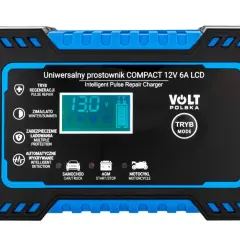 Prostownik Volt Polska Compact 12V 6A LCD z funkcją regeneracji. Dowiedz się, ile ładować akumulator 74Ah, korzystając z trybów zimowy/letni i automatycznego wykrywania.