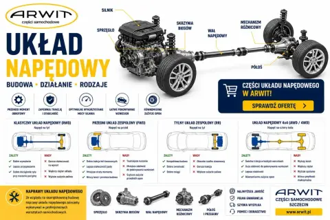 Schemat układu napędowego: silnik, sprzęgło, skrzynia biegów, wał napędowy, mechanizm różnicowy, półosie. Różne rodzaje napędów: RWD, FWD, RR, 4x4.