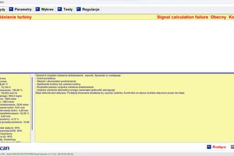 P0238-61 - Ciśnienie turbiny: sygnał poza zakresem. Błąd aktywny, kontrolka zapalona. Sprawdź dolot, wężyki, nastawnik turbiny.