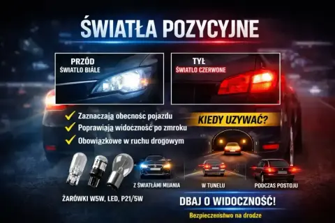 Porównanie świateł mijania i pozycyjnych: białe z przodu, czerwone z tyłu. Zwiększają widoczność i bezpieczeństwo.