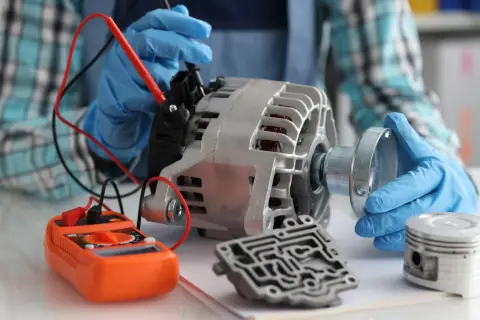 Mechanik w niebieskich rękawiczkach sprawdza alternator multimetrem. Objawy awarii alternatora mogą być różne, ale diagnostyka jest kluczowa.