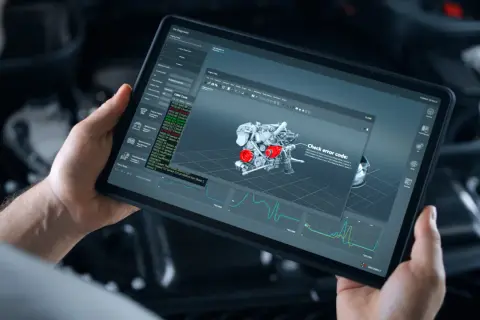 Mechanik analizuje dane z jaki komputer diagnostyczny, wyświetlające schemat silnika i kody błędów.