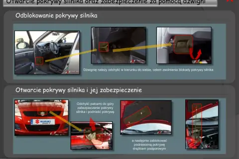 Instrukcja otwierania maski Suzuki Swift. Opis kontrolki na desce rozdzielczej nie jest widoczny.