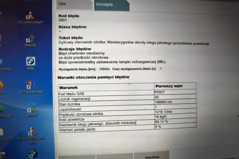 Błąd DTC P0420 BMW: Niewiarygodne obroty biegu jałowego, możliwe przenikanie powietrza. Wystąpił przy 196664 km.
