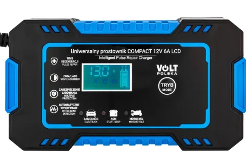 Prostownik Volt Polska Compact 12V 6A LCD z funkcją regeneracji. Dowiedz się, ile ładować akumulator 74Ah, korzystając z trybów zimowy/letni i automatycznego wykrywania.