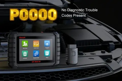 Urządzenie diagnostyczne iCarsoft CR MAX BT pokazuje P0000, co oznacza brak kodów błędów. Idealne do sprawdzania stanu pojazdu.
