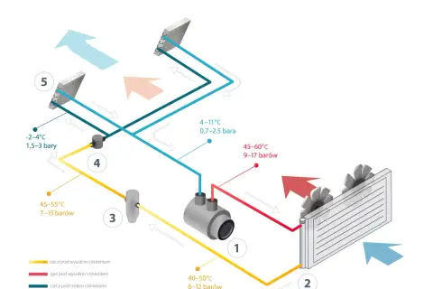 Schemat pokazuje, jak działa klimatyzacja w samochodzie: sprężarka (1), skraplacz (2), osuszacz (3), zawór rozprężny (4) i parownik (5) tworzą zamknięty obieg.