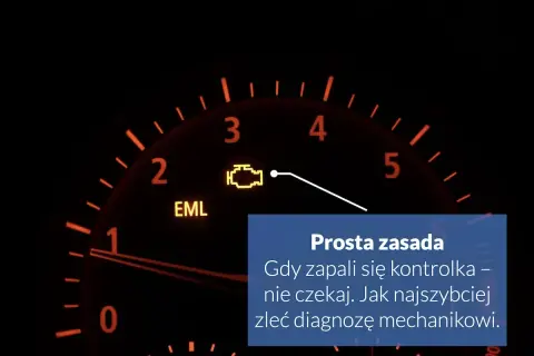 Na desce rozdzielczej świeci się żółta kontrolka check engine. Prosta zasada: gdy zapali się kontrolka, nie czekaj, zleć diagnozę mechanikowi.