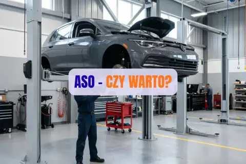 Mechanik pracuje pod autem na podnośniku w warsztacie. Napis "ASO - czy warto?" sugeruje dyskusję o serwisach samochodowych.