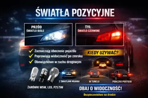 Światła pozycyjne: białe z przodu, czerwone z tyłu. Zapewniają widoczność w nocy i w tunelu. Dobre światła to bezpieczeństwo na drodze.