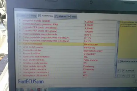 Błąd DTC P0100 Renault na ekranie laptopa z programem FiatECUScan. Analiza parametrów silnika, w tym sond lambda i pozycji pedału przyspieszenia.