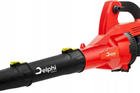 Czerwona dmuchawa akumulatorowa Delphi Tools z czarną dyszą i baterią 18V.