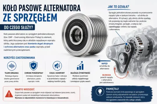 Koło pasowe alternatora ze sprzęgłem jednokierunkowym tłumi drgania i chroni osprzęt silnika. Zapobiega cofaniu napędu z alternatora.