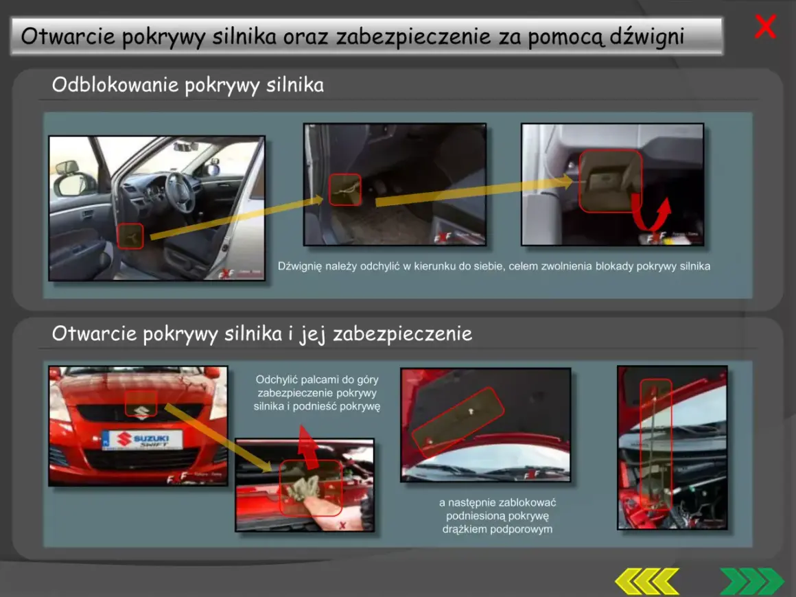 Instrukcja otwierania maski Suzuki Swift. Opis kontrolki na desce rozdzielczej nie jest widoczny.