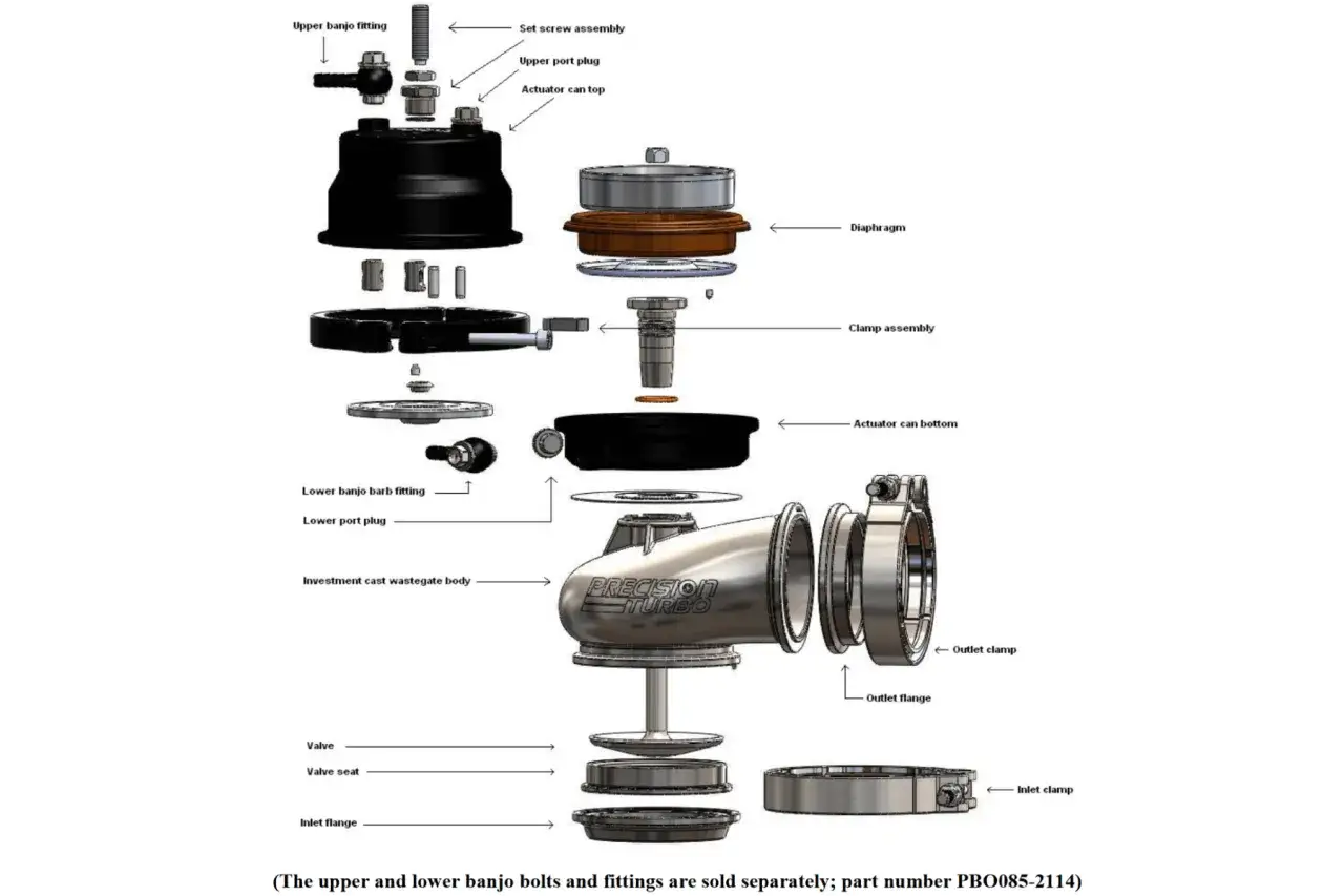 Rozłożony na części wastegate, pokazujący jego budowę: korpus, zawór, membranę i siłownik.